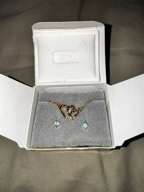 Vintage Avon Gold-Tone Double Heart Necklace and Aquamarine Stud Earrings